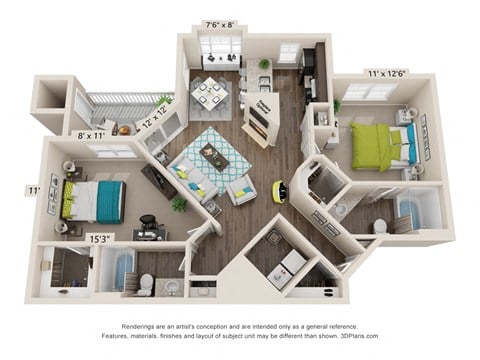 Floor plan for 2 beds, 2 baths, 1095 sqft